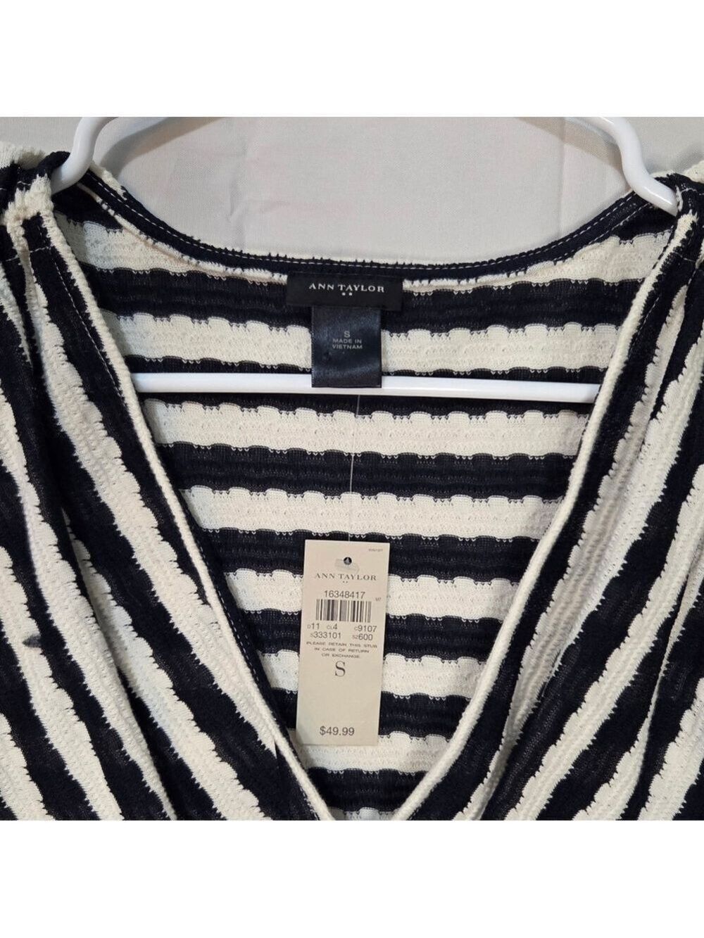 Ann Taylor Black White Striped Textured Wrap Top Small Chic Stretch Blouse - Picture 8 of 10